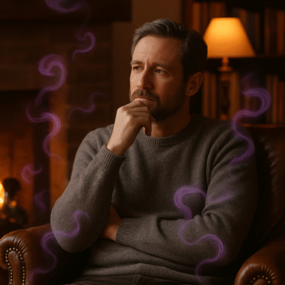 A contemplative man with short brown hair and a trimmed beard sits in a leather armchair by a warm fireplace, the cozy room glowing with lamplight and hints of sandalwood and whisky. Around him drift faint purple swirls of Premium Hot Air, giving the scene a surreal, reflective quality.